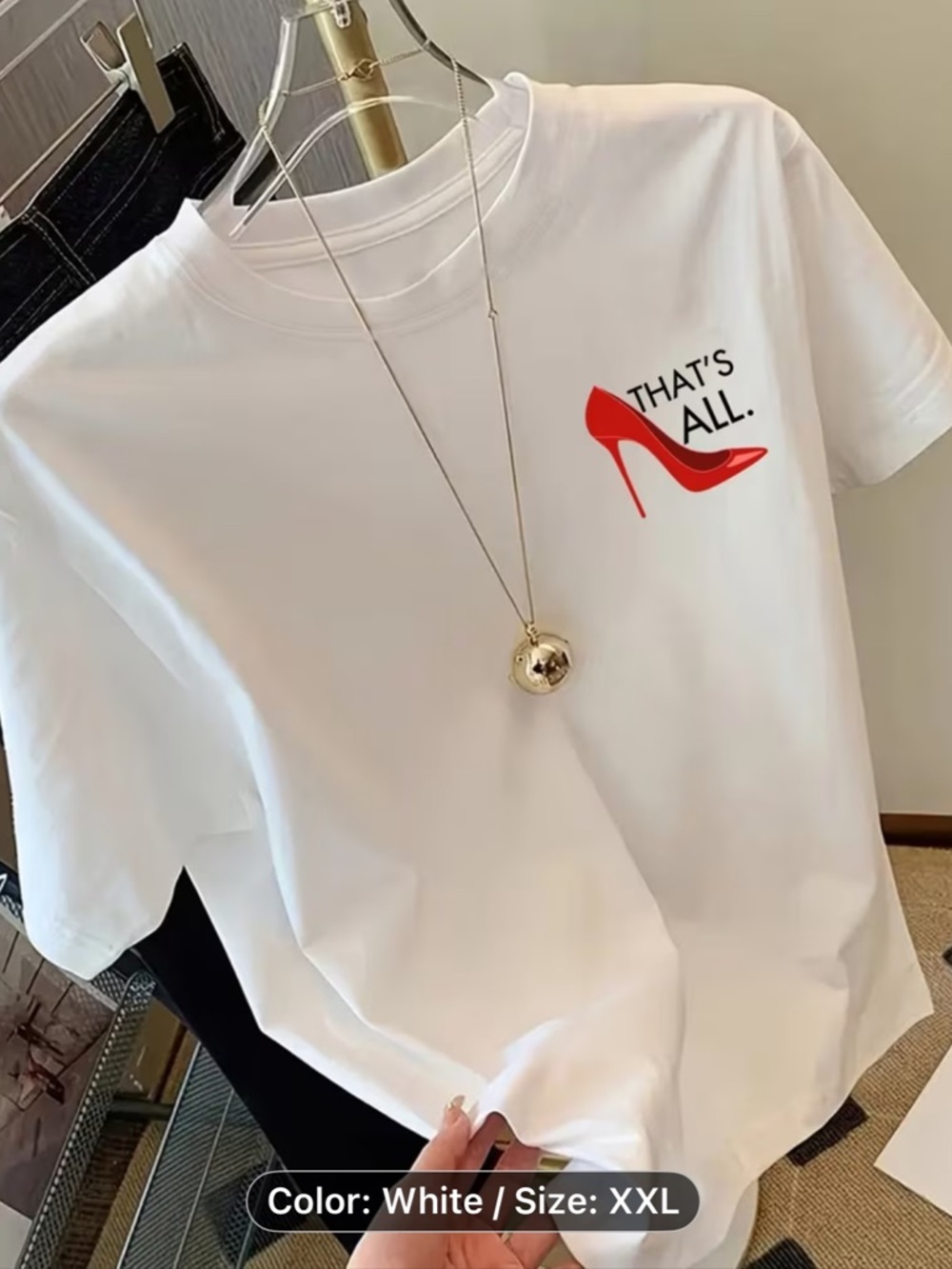 White Graphic Tee with Red Stiletto - THAT'S ALL. Size XXL